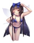  1girl bare_arms bare_legs bare_shoulders bikini blue_bikini blue_bow blush bow breasts brown_eyes brown_hair collarbone cropped_legs fairy fairy_wings hair_bow highres long_hair looking_at_viewer navel pointy_ears simple_background small_breasts star_sapphire swimsuit touhou user_rrkc4285 v white_background wings 