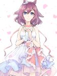  1girl blue_eyes breasts brown_hair commentary_request dress gloves hair_between_eyes highres jewelry layered_dress looking_at_viewer necklace own_hands_together pearl_necklace petals pleated_dress sakura_chiyono_o_(fleur_enneigee)_(umamusume) sakura_chiyono_o_(umamusume) shiba-kun_kanashi_(umamusume) simple_background single_glove sleeveless sleeveless_dress small_breasts solo umamusume white_background white_dress white_gloves yonaga_(47ga_yng) 