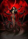  anthro black_hair blood_moon breasts censored_breasts convenient_censorship dragon european_mythology female genzoman greek_mythology hair horn hybrid looking_at_viewer mythology no-dialogue red_lighting solo spread_wings wings 