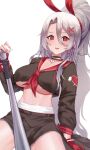  1girl animal_ears azur_lane baseball_bat black_choker breasts choker cropped_shirt cube_cheeze delinquent fake_animal_ears fingerless_gloves gloves grey_hair hair_ornament heart heart_choker highres korean_commentary large_breasts long_bangs long_hair long_sleeves looking_at_viewer mole mole_under_eye neckerchief official_alternate_costume pink_nails prinz_heinrich_(azur_lane) prinz_heinrich_(secret_boss_o&#039;_the_underworld?)_(azur_lane) red_eyes red_gloves red_neckerchief red_sailor_collar sailor_collar school_uniform simple_background solo underboob white_background x_hair_ornament 