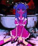  1girl bathtub blood blood_on_face blood_on_ground blood_on_hands blue_eyes blue_hair blue_nails bow bowtie check_copyright cigarette colored_skin commentary copyright_request dark double_bun dress feet_out_of_frame frilled_dress frills hair_bun hair_over_shoulder highres holding holding_cigarette horror_(theme) indoors knife long_hair maid_headdress nail_polish on_floor open_mouth original oshio_(shioqqq) pink_bow pink_bowtie pink_dress pink_skin pink_socks short_dress short_sleeves sitting socks solo spread_legs stab straight-on stuffed_animal stuffed_toy stuffing teddy_bear tile_floor tiles wide-eyed 