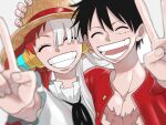  1boy 1girl black_hair black_ribbon blush closed_eyes commentary_request hair_rings hand_on_headwear hat headphones highres kotaa long_hair monkey_d._luffy multicolored_hair one_piece one_piece_film:_red open_clothes open_mouth red_hair red_shirt ribbon scar scar_on_cheek scar_on_chest scar_on_face shirt short_hair smile split-color_hair straw_hat teeth twintails two-tone_hair uta_(one_piece) v white_hair 