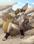  absurd_res anthro big_ears big_tail black_eyes black_nose boots breasts brown_eyes brown_hair butt canid canine clothing dessert detailed_background digital_media_(artwork) female fennec food footwear fox fur genitals gloves hair handwear hi_res looking_at_viewer luckyonn mammal nipple_piercing nipples nude pawpads piercing pink_tongue pussy rock smile smiling_at_viewer solo tail tongue white_body white_fur 