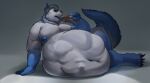  anthro belly big_belly blue_body blue_eyes blue_fur canid canine canis cobaltgrande domestic_dog ear_piercing fur hi_res huge_belly husky imminent_vore immobile industrial_piercing male mammal morbidly_obese nipple_piercing nipples nordic_sled_dog obese overweight piercing snow_fang solo spitz vore white_body white_fur 