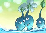  black_eyes blue_pikmin blue_skin bud colored_skin commentary_request flower gradient_background green_background leaf looking_ahead naru_(wish_field) no_humans partially_submerged pikmin_(creature) pikmin_(series) triangle_mouth wet white_flower yellow_background 