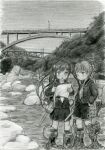  2girls bridge closed_mouth fumizuki_(kancolle) graphite_(medium) greyscale hand_on_own_hip highres holding irokawara_naomitsu kantai_collection long_hair minazuki_(kancolle) monochrome multiple_girls neckerchief one_eye_closed open_mouth outdoors pleated_skirt ponytail rigging rock sailor_collar school_uniform serafuku short_hair skirt sky standing traditional_media water 