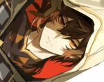  1boy black_gloves black_hair brown_hair closed_mouth genshin_impact gloves gradient_hair hair_between_eyes hood hood_up looking_at_viewer male_focus multicolored_hair narishln orange_eyes orange_hair portrait red_background solo zhongli_(archon)_(genshin_impact) zhongli_(genshin_impact) 