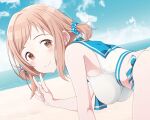  1girl all_fours beach bikini bow breasts brown_hair cloud cloudy_sky hair_ornament hair_scrunchie idolmaster idolmaster_shiny_colors kabayaki_unagi large_breasts long_hair looking_at_viewer low_twintails medium_breasts ocean sailor_collar sailor_swimsuit_(idolmaster) sakuragi_mano scrunchie sky smile solo sweat swimsuit twintails v 