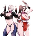  angel_(kof) arm_guards backless_pants blue_eyes bra breasts brown_eyes brown_hair chaps cleavage crop_top cropped_jacket fatal_fury finger_horns fingerless_gloves folded_fan folding_fan gloves hair_over_one_eye hand_fan hasuda_kunkun high_ponytail holding holding_fan horns_pose index_fingers_raised jacket japanese_clothes large_breasts leather leather_jacket looking_at_viewer midriff navel ninja panties pants pelvic_curtain ponytail revealing_clothes rope shiranui_mai short_hair smile snk strapless strapless_bra the_king_of_fighters the_king_of_fighters_xiv toned underwear white_hair 