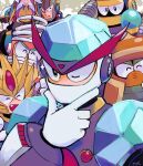  1278mkyp 6+boys burst_man cloud_man colored_sclera commentary_request covered_mouth everyone freeze_man green_eyes hand_on_own_face helmet highres junk_man looking_at_viewer male_focus mega_man_(classic) mega_man_(series) mega_man_7 multiple_boys no_mouth one_eye_closed red_sclera robot shade_man slash_man spring_man turbo_man upper_body 