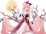  1girl absurdly_long_hair bell branch breasts commentary dress elysia_(herrscher_of_human:ego)_(honkai_impact) elysia_(honkai_impact) english_commentary flower full_moon hair_bell hair_flower hair_ornament hand_up highres honkai_(series) honkai_impact_3rd irma_(sayosunii) long_hair long_sleeves medium_breasts moon official_alternate_costume pink_flower pink_hair puffy_long_sleeves puffy_sleeves red_eyes simple_background smile solo swept_bangs very_long_hair white_background white_dress white_flower 