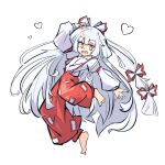  1girl barefoot bow fujiwara_no_mokou hair_bow jumpsuit long_hair long_sleeves open_mouth pants primsla red_jumpsuit red_pants simple_background solo solo_focus touhou white_background white_hair 