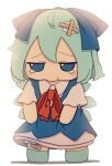 1girl absurdres bandaid bandaid_on_leg blue_bow blue_dress blue_eyes blue_footwear blue_hair blush_stickers bow cirno collared_shirt dress fairy full_body fumo_(doll) hair_bow highres ice ice_wings kame_(kamepan44231) shirt shoes short_hair short_sleeves simple_background solo touhou white_background white_shirt wings 
