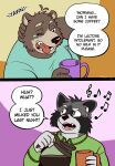  2023 anthro bear beverage brown_body clothing coffee duo english_text fruitz grey_body headphones hi_res humanoid_hands listening_to_music male mammal mug musical_note one_eye_closed procyonid raccoon shirt slightly_chubby text tired tongue tongue_out topwear 