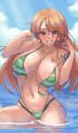  1girl absurdres arm_tattoo bikini blue_sky breasts brown_eyes brown_hair calmgreentori cleavage commentary earrings english_commentary green_bikini highres jewelry large_breasts long_hair looking_at_viewer nami_(one_piece) one_piece outdoors pendant sky smile solo swimsuit tattoo undone_bikini wading 