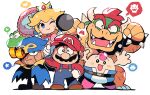  1boy 1girl :d absurdres adjusting_clothes adjusting_headwear blonde_hair blue_cape blue_overalls bowser bracelet cape chibi commentary crown facial_hair fangs frying_pan full_body geno_(mario) gloves hat highres holding holding_frying_pan holding_umbrella horns jewelry long_sleeves looking_at_viewer mallow_(mario) mario mario_(series) mustache one_eye_closed overalls princess_peach rariatto_(ganguri) red_hair simple_background smile spiked_bracelet spikes spoken_symbol standing super_mario_rpg symbol-only_commentary umbrella white_background white_gloves yoshi 