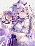  1girl bare_shoulders bouquet bow breasts commentary elbow_gloves flower from_side gloves grey_background grey_hair hair_between_eyes highres holding holding_bouquet kouyafu long_hair looking_at_viewer looking_to_the_side medium_breasts midriff original parted_lips purple_bow purple_eyes rose see-through simple_background solo symbol-only_commentary very_long_hair white_flower white_gloves white_rose 