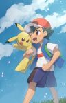  1boy ;d absurdres ash_ketchum backpack bag brown_eyes clenched_hands cloud commentary_request day grass green_bag hat highres jacket male_focus nullma one_eye_closed open_clothes open_jacket open_mouth outdoors pikachu pokemon pokemon_(anime) pokemon_journeys red_headwear shirt short_hair short_sleeves shorts sky sleeveless sleeveless_jacket smile standing t-shirt tongue white_shirt 
