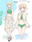  1girl bare_shoulders bikini blonde_hair flipped_hair green_bikini green_eyes highres idolmaster idolmaster_cinderella_girls jewelry navel necklace sandals sarong sui_sou_p swimsuit umeki_otoha 