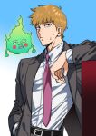  1boy arm_rest belt black_eyes brown_hair closed_mouth collared_shirt ekubo_(mob_psycho_100) grey_jacket hand_in_own_hair jacket kanapy male_focus mob_psycho_100 necktie open_clothes open_jacket pants pink_necktie red_necktie reigen_arataka shirt simple_background sweat upper_body 