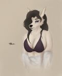  8zeon absurd_res beauty_mark blue_eyes bra breasts brown_hair canid canine canis clothing female fur hair hi_res humanoid long_hair mammal markings mole_(marking) shaded simple_background solo underwear white_body white_fur wolf 