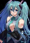  1girl :d absurdres bare_shoulders black_skirt black_sleeves blush breast_pocket breasts clenched_hand collared_shirt detached_sleeves gradient_background green_eyes green_necktie grey_shirt hair_ornament hatsune_miku highres kameno_sachi large_breasts long_hair long_sleeves looking_at_viewer lower_teeth_only necktie number_tattoo open_mouth pocket shirt shoulder_tattoo skirt smile solo tattoo teeth tongue twintails vocaloid 