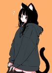  1girl animal_ear_fluff animal_ears black_cat black_hair black_hoodie blush_stickers cat cat_ears cat_girl cat_tail closed_mouth commentary_request cowboy_shot highres hood hood_down hoodie long_hair long_sleeves looking_at_viewer megateru notice_lines orange_background original puffy_long_sleeves puffy_sleeves simple_background sleeves_past_wrists smile solo standing tail 