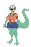  2023 4_toes 5_fingers anthro big_breasts big_tail bottomwear breasts clothing curvy_figure cutoffs denim denim_bottomwear denim_clothing digital_drawing_(artwork) digital_media_(artwork) dress_shirt eyelashes feet female fingers green_body green_scales hi_res lizard long_tail mhdrawin open_mouth open_smile pink_eyes reptile saraza_(mhdrawin) scales scalie sharp_teeth shirt shorts simple_background smile solo tail teeth thick_thighs tied_shirt toes tongue topwear voluptuous white_background wide_hips 