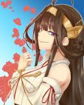  1girl ahoge bare_shoulders breasts brown_hair detached_sleeves hair_bun hairband headgear highres japanese_clothes jewelry kantai_collection kongou_(kancolle) long_hair looking_at_viewer nontraditional_miko nyasaku purple_eyes ring smile smirk solo wedding_ring 