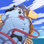  abs anthro asian_clothing balle balls blue_body blush chuchugelee clothing east_asian_clothing erection eyebrows facial_hair fish-men_(one_piece) flaccid genitals hi_res japanese_clothing jinbe kimono male marine musclegut one_piece pecs penis pubes solo tattoo thick_eyebrows tusks 