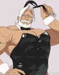  1boy animal_ears bara beard blue_eyes bow bowtie dark-skinned_male dark_skin facial_hair hand_on_own_hip highres jp_(street_fighter) large_pectorals latex latex_leotard leotard long_hair looking_at_viewer male_focus mature_male muscular muscular_male mustache old old_man pectoral_cleavage pectorals playboy_bunny ponytail rabbit_ears rabbit_tail sa1k0p solo street_fighter street_fighter_6 tail thick_eyebrows thick_mustache veins white_hair wrist_cuffs 