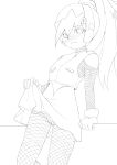  1girl alternate_costume bare_shoulders blush bodystocking breasts ciel_(mega_man) clothes_lift commission commissioner_upload disgust fishnets frilled_panties frills frown gloves helmet highres leaning_on_object long_hair looking_at_viewer mega_man_(series) mega_man_zero_(series) non-web_source panties ponytail simple_background sketch skirt skirt_lift sleeveless small_breasts underwear undramaticoo vest 
