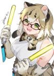  1girl absurdres animal_ears black-framed_eyewear blonde_hair blush bow bowtie brown_hair cat_ears cat_girl cat_tail extra_ears fang frilled_skirt frills glasses glowstick green_eyes high-waist_skirt highres kemono_friends margay_(kemono_friends) margay_print multicolored_hair noor7 open_mouth print_bow print_bowtie print_skirt shirt short_hair skirt sleeveless solo sweatdrop tail white_shirt 