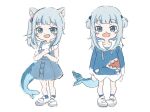  1girl :d aged_down animal_costume animal_ears arms_at_sides awoi_(awoiro7) blue_dress blue_eyes blue_hair blue_hoodie blunt_bangs cat_ears commentary_request dress fang fins fish_tail full_body gawr_gura gawr_gura_(1st_costume) gawr_gura_(2nd_costume) grey_hair highres hololive hololive_english hood hoodie long_hair long_sleeves looking_at_viewer multicolored_hair multiple_views open_mouth pinafore_dress sandals shark_costume shark_girl shark_tail shirt short_sleeves sidelocks simple_background skin_fang sleeveless sleeveless_dress smile standing streaked_hair tail two_side_up virtual_youtuber white_background white_footwear white_shirt 
