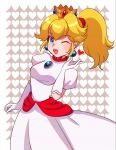  1girl blonde_hair blue_eyes crown dress earrings elbow_gloves fire_peach gloves heart highres jewelry lips long_hair looking_at_viewer mario_(series) nonoworks one_eye_closed open_mouth patterned_background ponytail princess_peach solo teeth upper_teeth_only white_dress white_gloves 