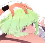  2boys :3 barefoot black_wristband commentary_request feet galo_thymos green_hair hand_on_another&#039;s_head lio_fotia looking_at_viewer lying_on_person male_focus multiple_boys ns1123 otoko_no_ko pink_eyes pov promare short_hair simple_background smile soles solo_focus toes white_background wristband yaoi 