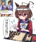  1girl agnes_tachyon_(umamusume) ahoge animal_ears blush brown_hair clothes_writing cooking earrings food hair_between_eyes highres holding horse_ears horse_girl jewelry jungle_pocket_(umamusume) long_sleeves musical_note parted_lips purple_sailor_collar red_eyes sailor_collar school_uniform screencap_inset serafuku simple_background single_earring tracen_school_uniform translation_request umamusume white_background yasashii_naizou 