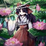  1girl black_hair braid flower hair_ribbon hair_tubes hakurei_reimu hakurei_reimu_(pc-98) highres japanese_clothes light long_hair looking_at_viewer lotus lotus_leaf miko pink_flower plant red_ribbon red_skirt ribbon skirt solo sunlight touhou touhou_(pc-98) twin_braids uran_92 wide_sleeves 