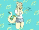  2023 anthro artist_name bottomwear clothing cutoffs denim denim_clothing digital_drawing_(artwork) digital_media_(artwork) dinosaur don_kronox english_text female goodbye_volcano_high green_body green_hair green_scales hair happy hi_res long_tail open_mouth ornithischian reptile scales scalie short_hair shorts simple_background smile snoot_game snout solo spikes spikes_(anatomy) stegosaurian stegosaurus stella_(gvh) tail text thyreophoran watermark 