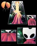  2023 4:5 arthropod black_body clothing comic detailed_background digital_drawing_(artwork) digital_media_(artwork) ellipsis english_text featureless_chest female flat_chested hi_res holding_object holding_weapon hollow_knight hornet_(hollow_knight) humanoid jellli looking_at_viewer orange_liquid orb plant pouring red_cloak red_clothing rock shaded solo splash team_cherry text translucent translucent_clothing weapon wet wet_clothing 