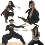  1girl bare_shoulders black_eyes black_hair black_pants commentary concentrating crop_top dougi english_commentary fighting_stance highres holding holding_sword holding_weapon katana long_hair lucia_hsiang martial_arts multiple_views original pants ponytail sarashi sideways_glance simple_background sword weapon 