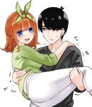  1boy 1girl :d ass black_hair black_shirt blue_eyes brown_eyes carrying eyebrows_hidden_by_hair feet_out_of_frame go-toubun_no_hanayome green_ribbon green_shirt hair_ribbon highres looking_at_viewer mame1645 nakano_yotsuba orange_hair pants parted_lips princess_carry ribbon shirt simple_background smile sweat thick_eyebrows trembling uesugi_fuutarou v-shaped_eyebrows white_background white_pants 