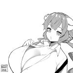  1girl absurdres apron breasts cleavage cleavage_reach collared_shirt cropped detexted downblouse dragon_girl dragon_horns employee_uniform from_above greyscale grin highres horns huge_breasts ilulu_(maidragon) kobayashi-san_chi_no_maidragon long_hair looking_at_viewer monochrome negative_space norman_maggot oppai_loli pointy_ears pov shirt shortstack sidelocks signature sketch slit_pupils smile teasing third-party_edit uniform 