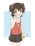  1girl :d aayh akagi_miria bag black_hair black_skirt blue_background brown_eyes camisole commentary_request cowboy_shot hair_between_eyes hair_ornament hair_scrunchie hand_up idolmaster idolmaster_cinderella_girls idolmaster_cinderella_girls_u149 looking_at_viewer lowres red_camisole red_scrunchie scrunchie shirt short_sleeves shoulder_bag simple_background skirt smile solo standing two-tone_background two_side_up white_background white_shirt 