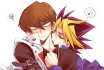  ._. 2boys black_hair black_shirt blonde_hair blush brown_hair closed_eyes clothes_grab jacket kaiba_seto kiss kissing_neck male_focus multicolored_hair multiple_boys musical_note open_clothes open_jacket ougi_kairi purple_hair shirt spoken_musical_note squiggle upper_body yami_yuugi yaoi yu-gi-oh! yu-gi-oh!_duel_monsters 