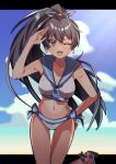  1girl antenna_hair bare_shoulders beach bikini black_hair blue_eyes blue_neckerchief blue_sailor_collar blue_sky blurry blurry_background blush bow breasts cleavage cloud collarbone cowboy_shot day dot_nose earrings fang ganaha_hibiki hair_bow hair_ribbon hand_on_own_hip hand_up highres hoop_earrings horizon idolmaster idolmaster_(classic) idolmaster_million_live! idolmaster_million_live!_theater_days jewelry komugi_(cmg_ak) leg_up letterboxed long_hair looking_at_viewer medium_breasts navel neckerchief ocean one_eye_closed open_mouth outdoors ponytail ribbon sailor_bikini sailor_collar sailor_swimsuit_(idolmaster) salute sandals side-tie_bikini_bottom sky smile solo standing strappy_heels sunlight swimsuit two-tone_ribbon white_bikini 