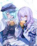  2girls aqua_hair atsuko_(blue_archive) black_gloves black_headwear blue_archive blush braid burger closed_eyes coat commentary crying food food_on_face gloves hair_between_eyes hair_ornament hair_over_one_eye hairclip halo hat highres hiyori_(blue_archive) holding holding_food hood hood_down hooded_coat long_hair long_sleeves multiple_girls open_mouth purple_hair quasarcake red_eyes runny_nose side_ponytail simple_background sleeves_past_wrists snot symbol-only_commentary tears white_background 