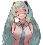  1girl ^_^ aqua_hair bare_shoulders blush breasts closed_eyes facing_viewer grin hatsune_miku highres long_hair looking_at_viewer necktie r-man simple_background smile solo vocaloid white_background 