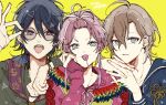  3boys ahoge amemura_ramuda arisugawa_dice blue_eyes blue_hair candy earrings fling_posse food glasses grey_eyes head_rest hood hood_down hoodie hypnosis_mic jewelry light_brown_hair lollipop long_sleeves low_ponytail male_focus medium_hair multiple_boys open_mouth pink_hair pink_hoodie purple_eyes short_hair stud_earrings trtrtr_ko white_hair yellow_background yumeno_gentaro 