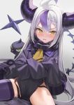 1girl ahoge ascot blush braid braided_bangs collar crow_(la+_darknesss) cuffs demon_girl demon_horns fang grey_hair hair_between_eyes highres hololive horns kanzarin la+_darknesss long_hair long_sleeves looking_at_viewer multicolored_hair open_mouth pointy_ears purple_hair purple_horns single_thighhigh skin_fang sleeves_past_fingers sleeves_past_wrists slit_pupils solo streaked_hair striped_horns sweat thighhighs thighs very_long_hair virtual_youtuber yellow_ascot yellow_eyes 